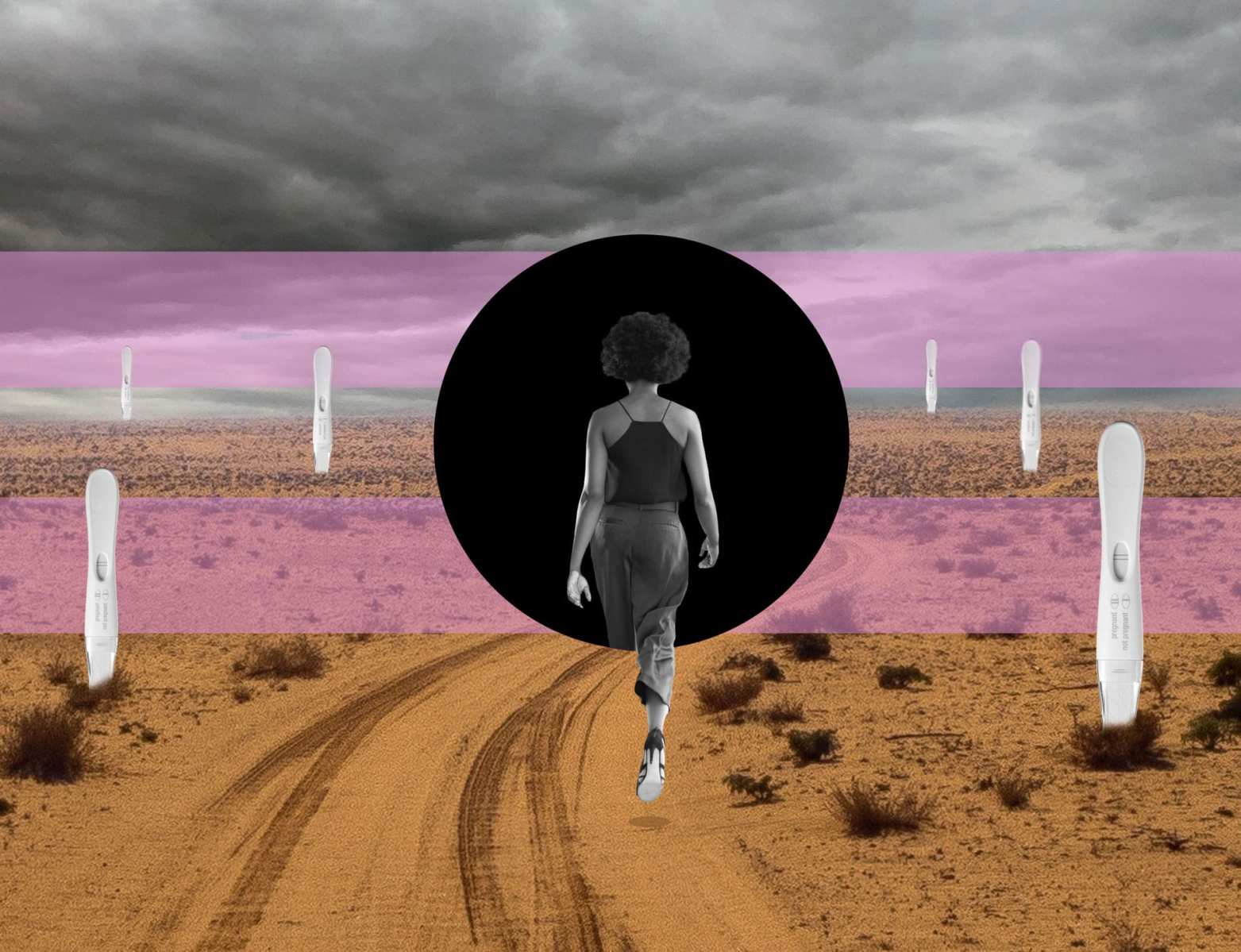 A woman walking into a black hole in a desert.