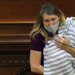 California Assemblymember Buffy Wicks holds her newborn while speaking into a microphone.