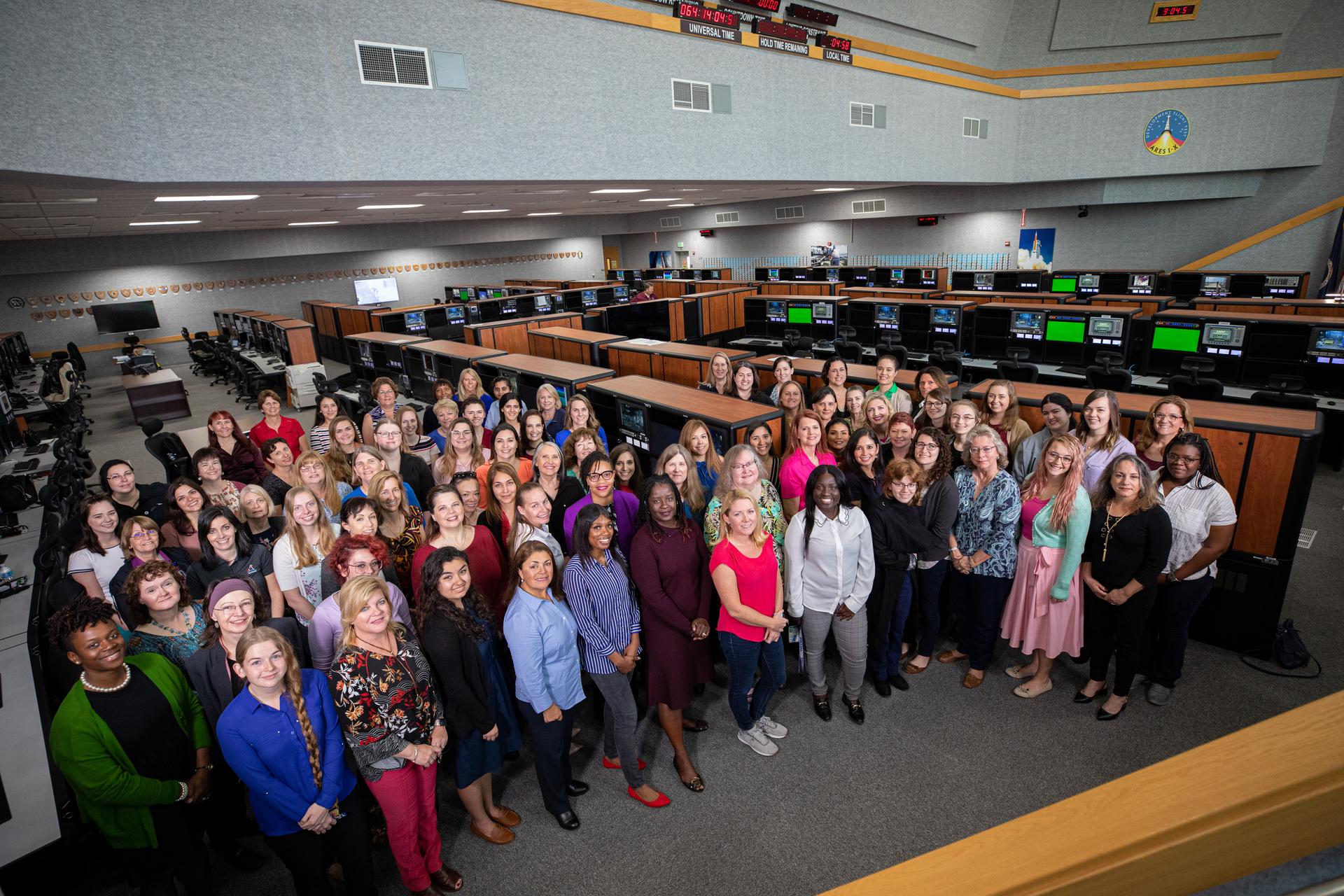 In celebration of Women’s History Month, the “Women of Launch Control” working in Exploration Ground Systems take time out of their Artemis I launch planning to pose for a photo in Firing Room 1 of the Launch Control Center at NASA’s Kennedy Space Center in Florida on March 4, 2020. Artemis I will be the first integrated flight test of the Orion spacecraft and Space Launch System rocket, the system that will ultimately land the first woman and the next man on the Moon.