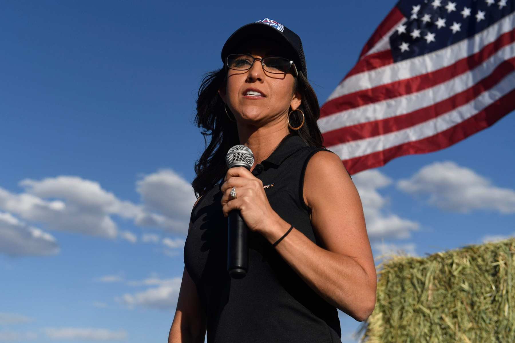 Lauren Boebert, the Republican candidate for the US House of Representatives seat in Colorado's 3rd Congressional District, addresses supporters during a campaign rally in Colona, Colorado on October 10, 2020. - Boebert's meteoric rise into politics began in September 2019 when she confronted US Democratic presidential candidate Beto ORourke at a campaign rally and stated "Hell no, youre not!" to his proposed mandatory buyback of both AR-15 and AK-47 semi-automatic weapons. With her "Pro-Freedom, Pro-Guns, Pro-Constitution, Pro-Energy, Pro-Life, Pro-Colorado, Pro-America" platform, Boebert defeated 5-term incumbent US Rep. Scott Tipton in Colorado's GOP primary, and is now challenged by former Colorado state lawmaker Democratic candidate Diane Mitsch Bush. A win by Boebert in the November election, would keep Colorado's 3rd Congressional District in the GOP hands. Colorado's 3rd Congressional District which encompasses 29 counties and represents 47 percent of Colorado's geographic territory is the 15th-largest district in the US. (Photo by Jason Connolly / AFP) (Photo by JASON CONNOLLY/AFP via Getty Images)