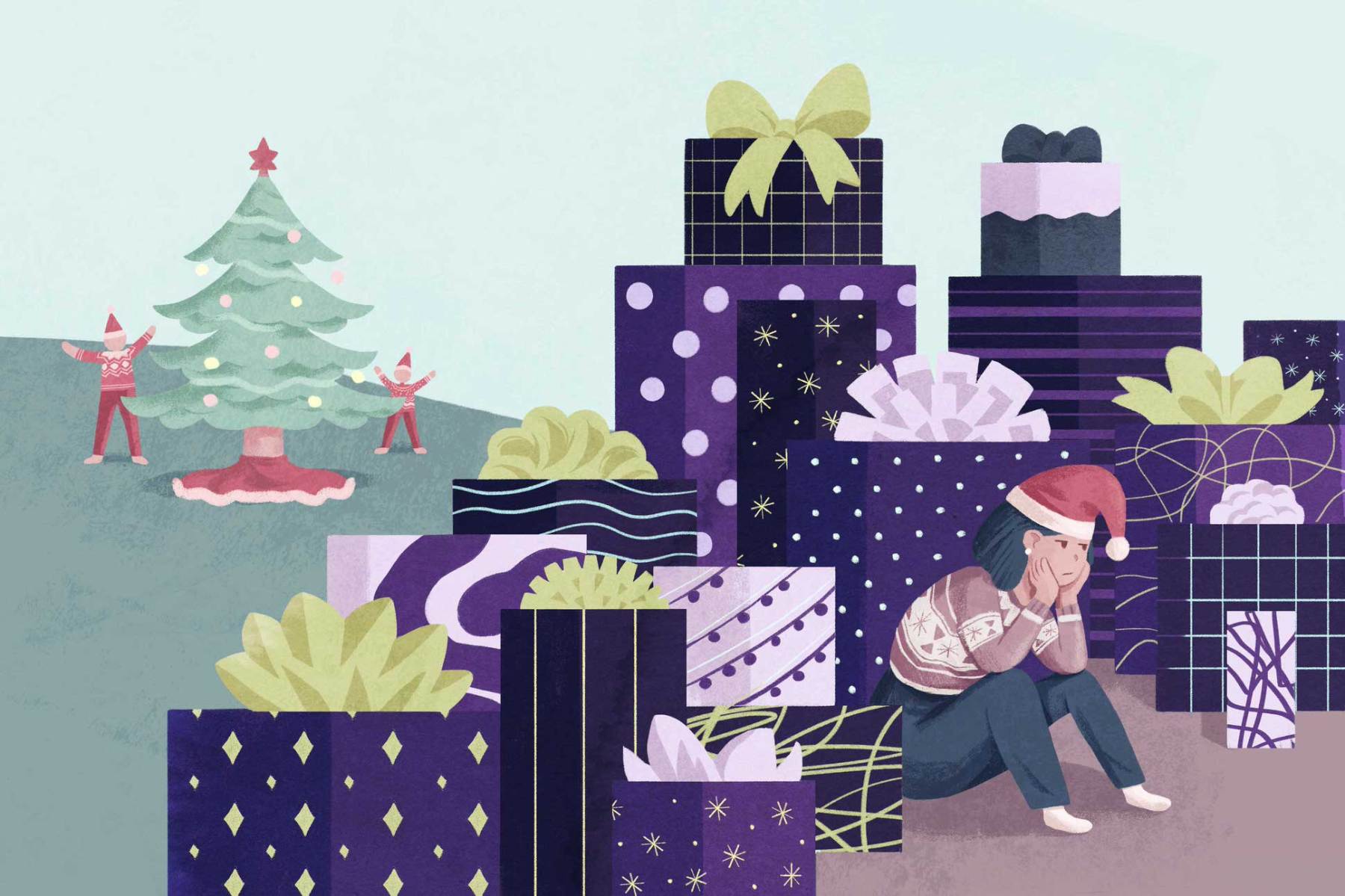 An illustration accompanying a story about "invisible labor," in which a woman sits by a pile of presents, quietly crying, as her children celebrate the holiday near a Christmas tree in the background.