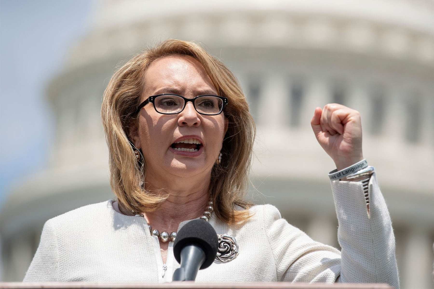 Former US Congresswoman Gabrielle Giffords speaks on Capitol Hill.