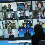 .S. Vice President Kamala Harris listens during a virtual roundtable discussion.