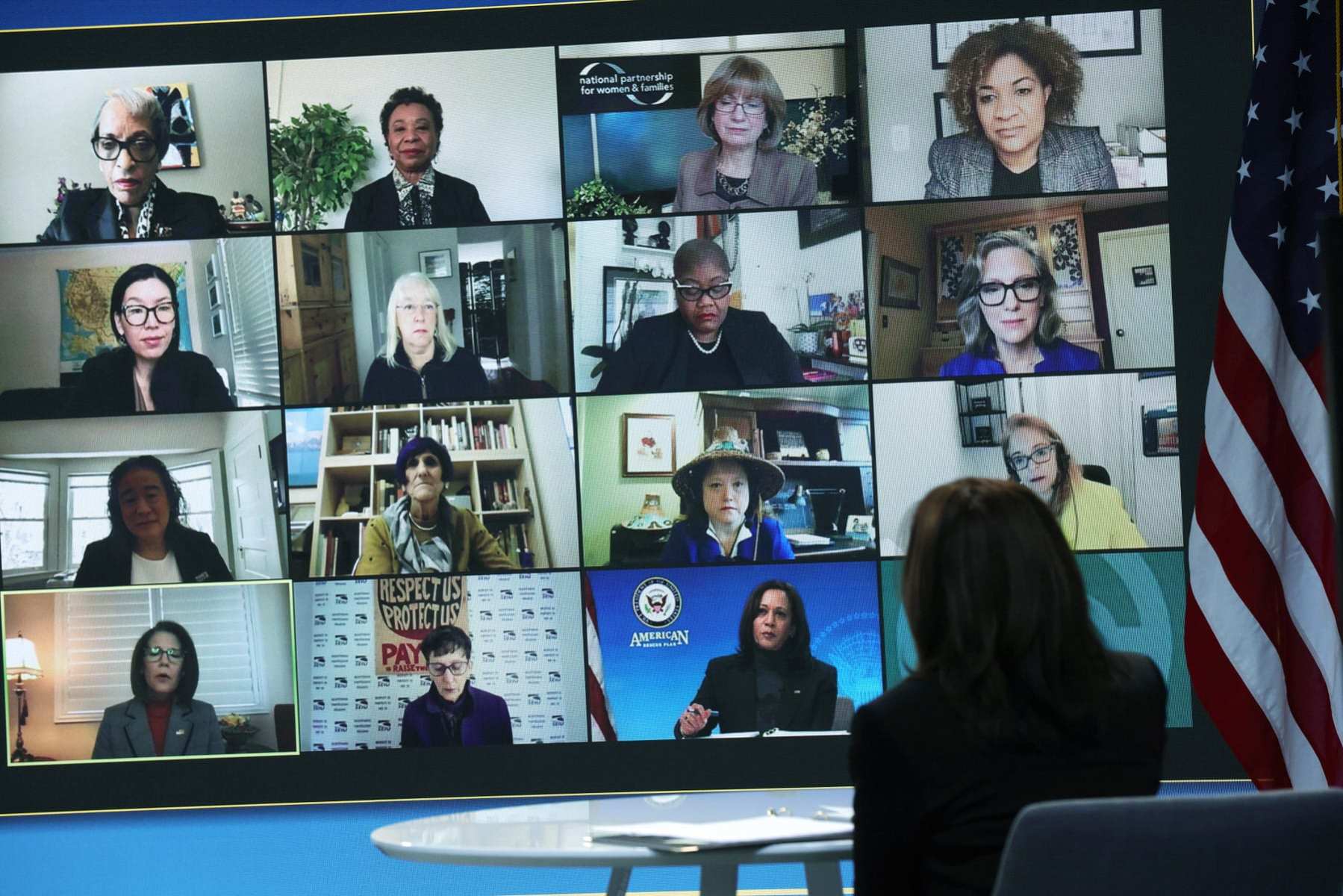 .S. Vice President Kamala Harris listens during a virtual roundtable discussion.