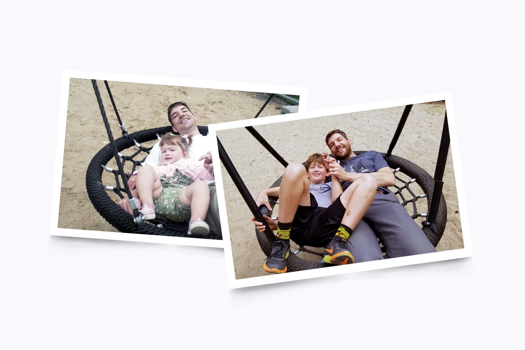 Before and after images of a father and son on a swing