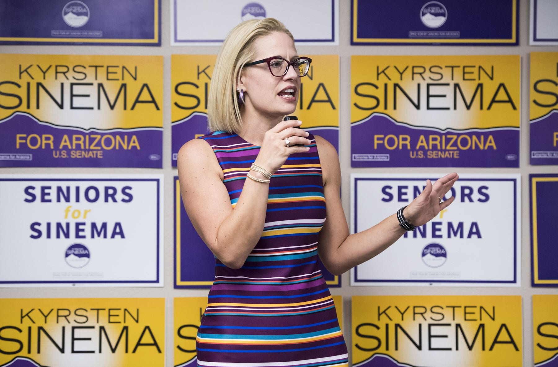 Democratic candidate for U.S. Senate Rep. Kyrsten Sinema, D-Ariz., speaks to supporters.