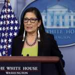 U.S. Secretary of the Interior Deb Haaland speaks during a daily press briefing.