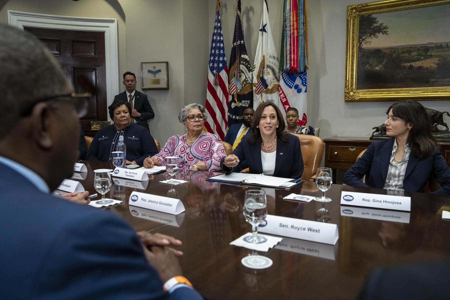 Vice President Kamala Harris speaks while meeting with Democratic members of the Texas Legislature in the Roosevelt Room of the White House.