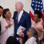 US President Joe Biden speaks with Opal Lee and guests in the White House.