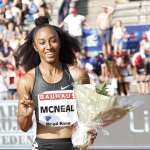 Brianna McNeal from USA, reacts after winning the women's 100m hurdles.