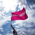 A man waves a pink flag printed with the words #FREE BRITNEY