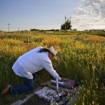 A man wearing a cowboy hat kneels to touch a tomstone in a field at golden hour.