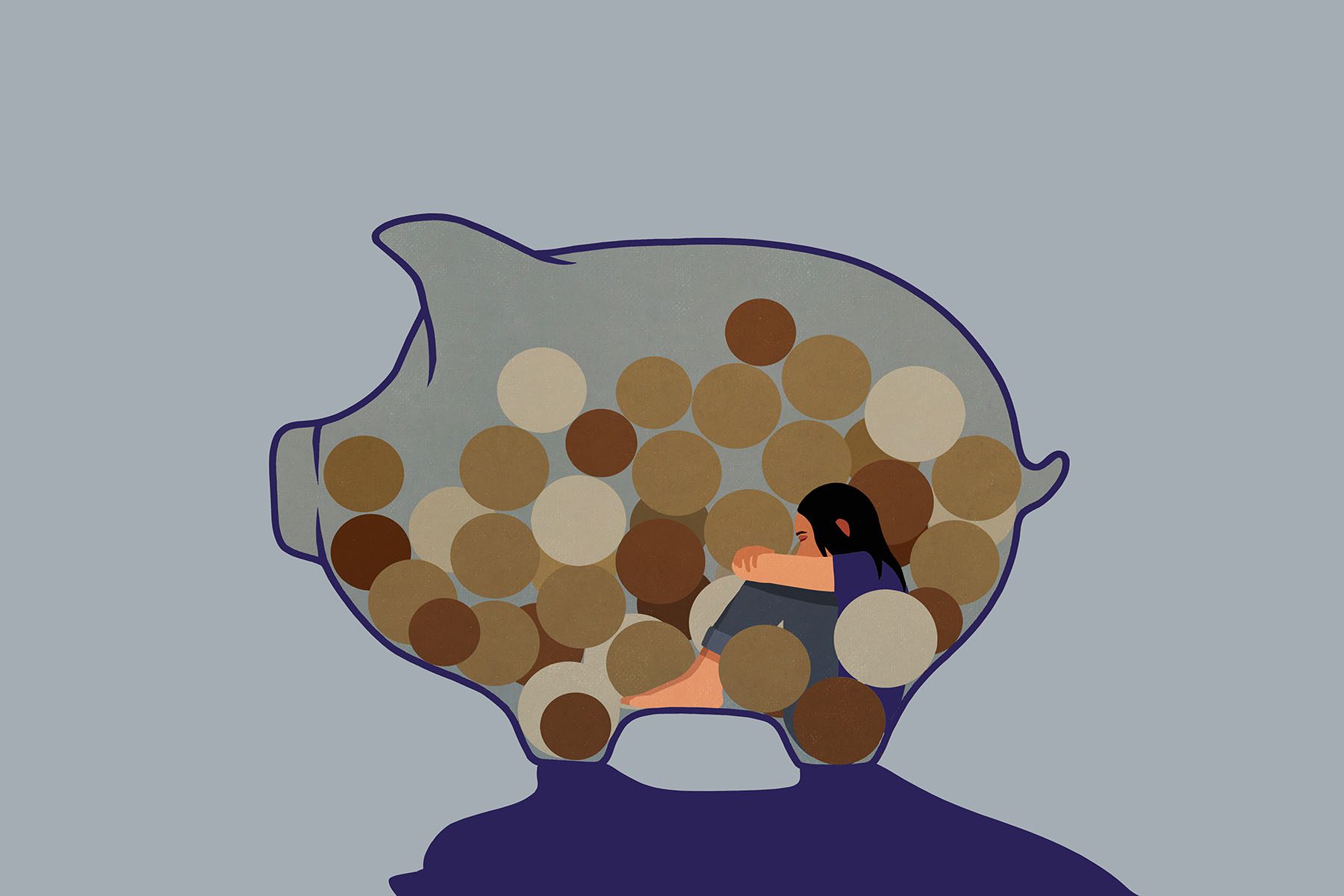 Illustration of a woman inside a piggy bank with coins.