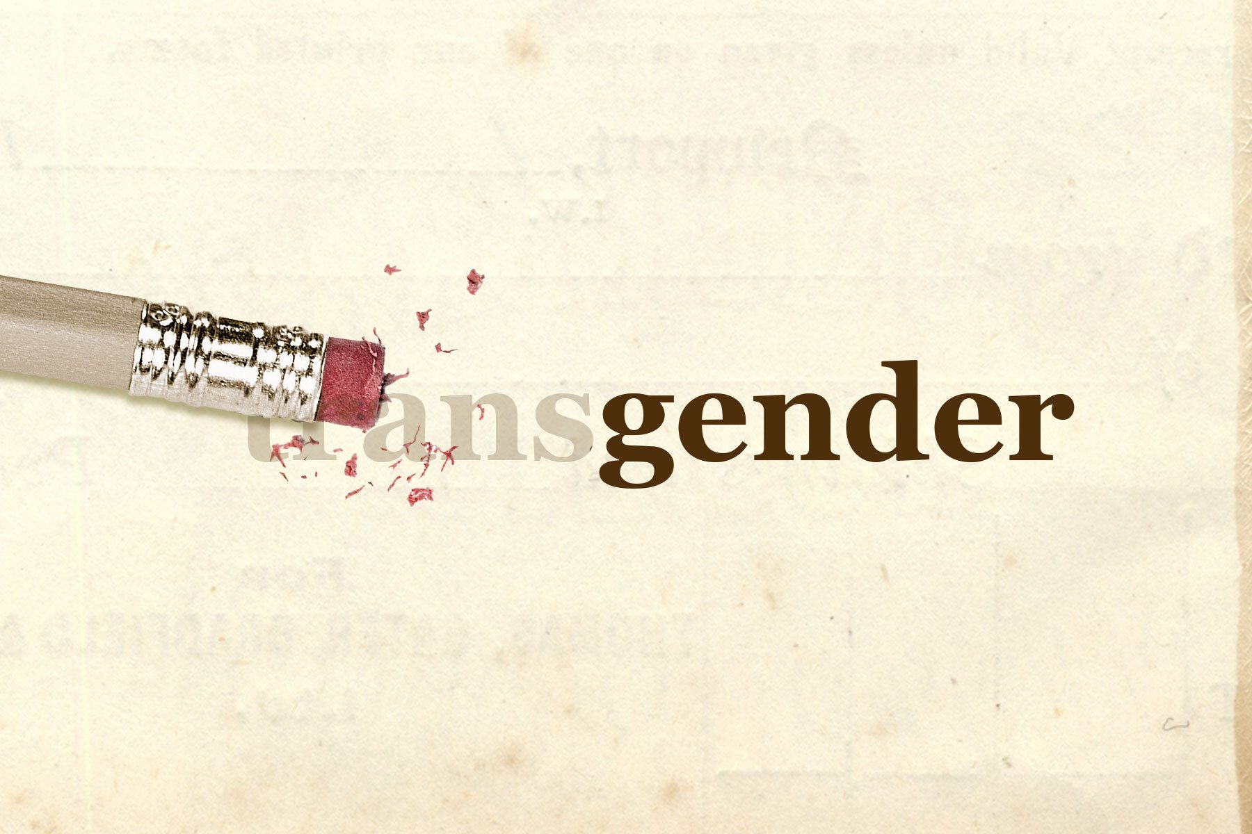 An illustration of an eraser erasing the word "trans" from the word "transgender."