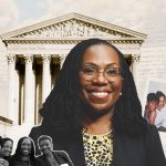 Photo collage of Ketanji Brown Jackson smiling, the U.S. Supreme Court building, and images of Jackson and her best friends through the years.