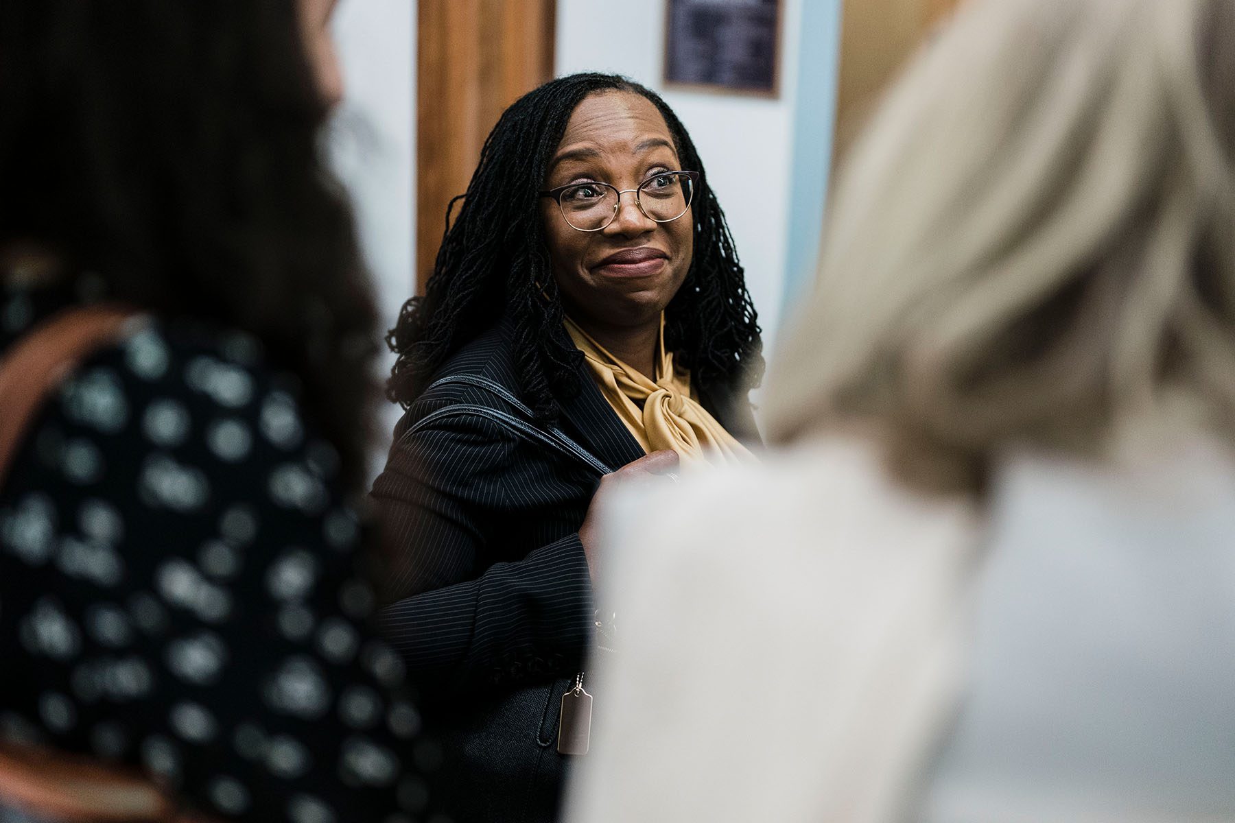 Judge Ketanji Brown Jackson speaks to people during a visit to Capitol Hill.