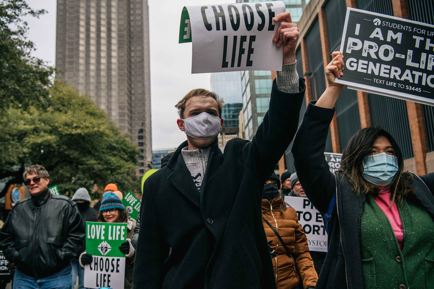 Anti-abortion rights demonstrators march during the "Right To Life" rally in Dallas, Texas in January 2022.