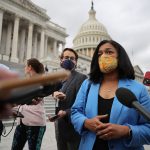 Rep. Pramila Jayapal speaks with reporters outside the U.S. Capitol.