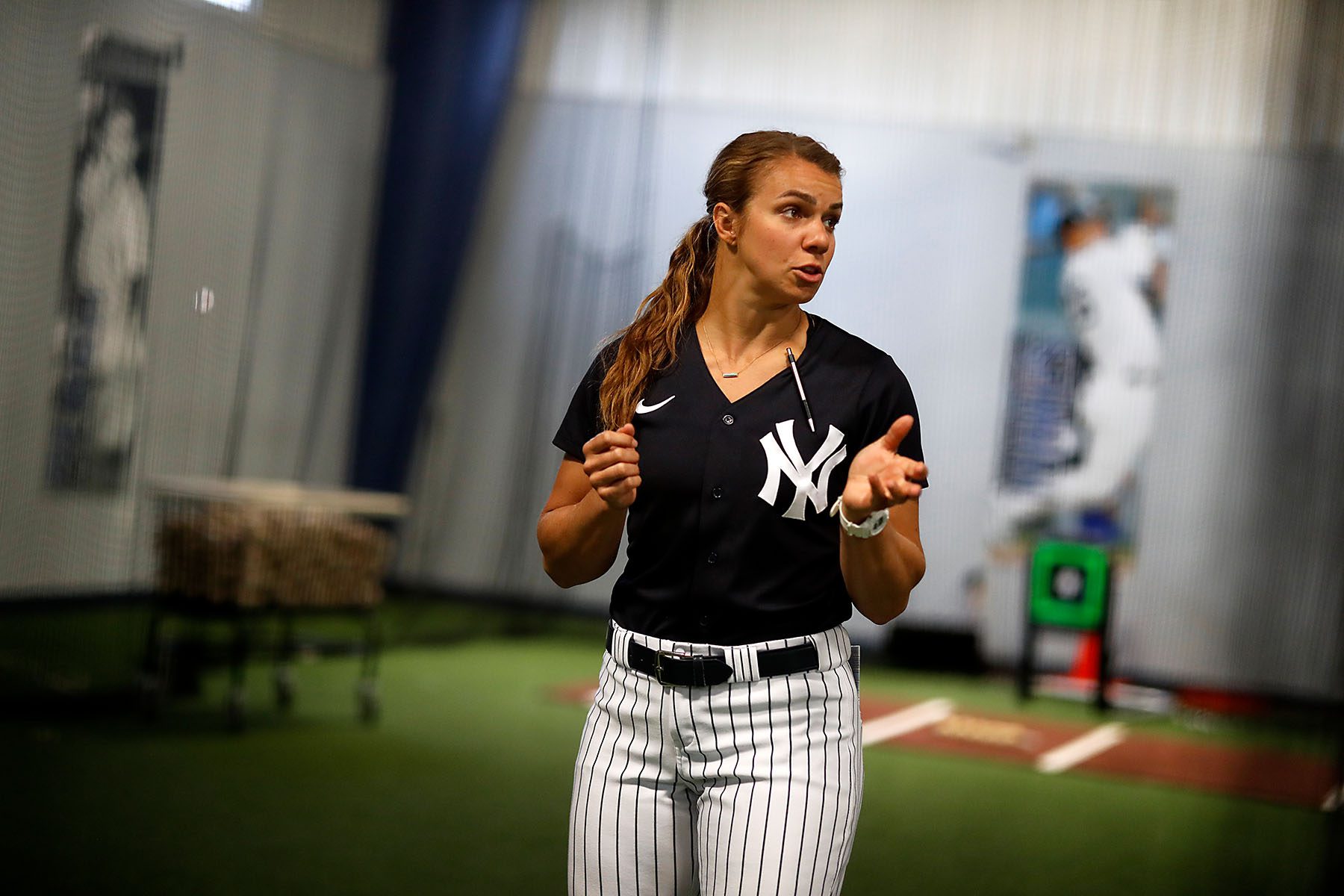 Rachel Balkovec speaks to someone out of frame at the New York Yankee Player Development Complex.