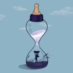 illustration of a parent inside a baby bottle shaped like an hour glass. The parent is standing in a field inside the baby bottle and trying to collect milk that is falling from the top of the hourglass.