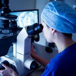 Scientist looking into a microscope injecting human sperm into a human egg cell using a technique known as intracytoplasmic sperm injection.