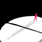 Illustration of a person walking across a pill looking back towards the groove in the middle of the pill.