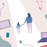 Illustration of a mother and child holding hands and looking at each other, they are walking down a path and surrounded by tablets, computers and different chords and plugs.