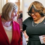 A collage of two images: one of Nan Whaley and one of Cheryl Stephens. They are both smiling while speaking to people out of the frame.