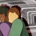 In this illustration, two people hug each other. In the background, a window reminiscent of an airplane or train window is seen. The window seems to be closing. The shadows in the picture are heavy and evoke a feeling of unease and uncertainty.