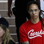 Brittney Griner arrives to a hearing at the Khimki Court.