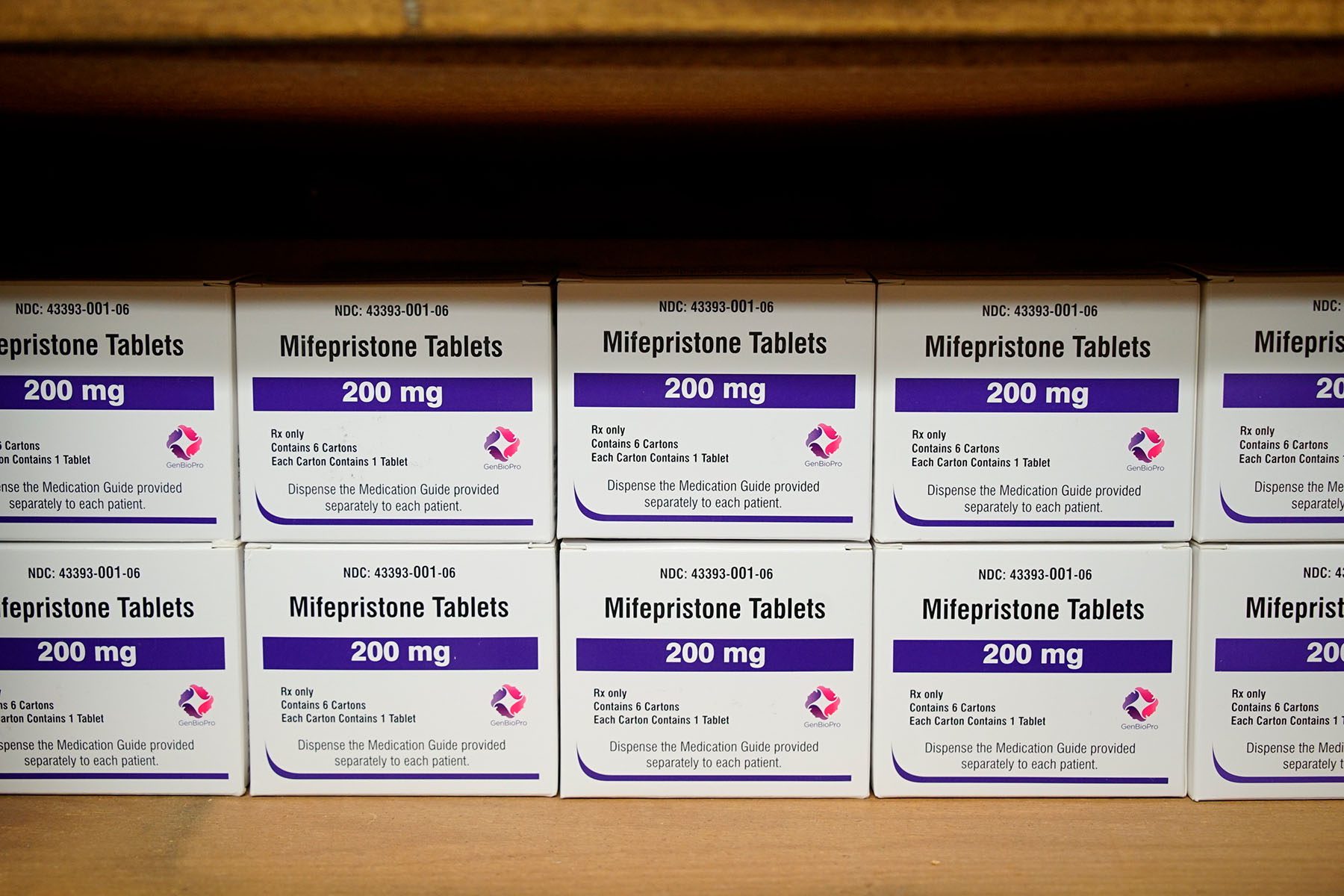 Boxes of the drug mifepristone line a shelf at an Alabama abortion clinic.