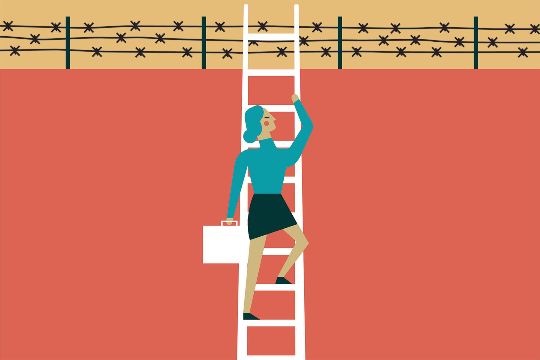 Illustration of a woman carrying a brief case climbing a ladder over a wall with barbed wires on top.