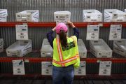 An election worker works at the Orange County Registrar of Voters.