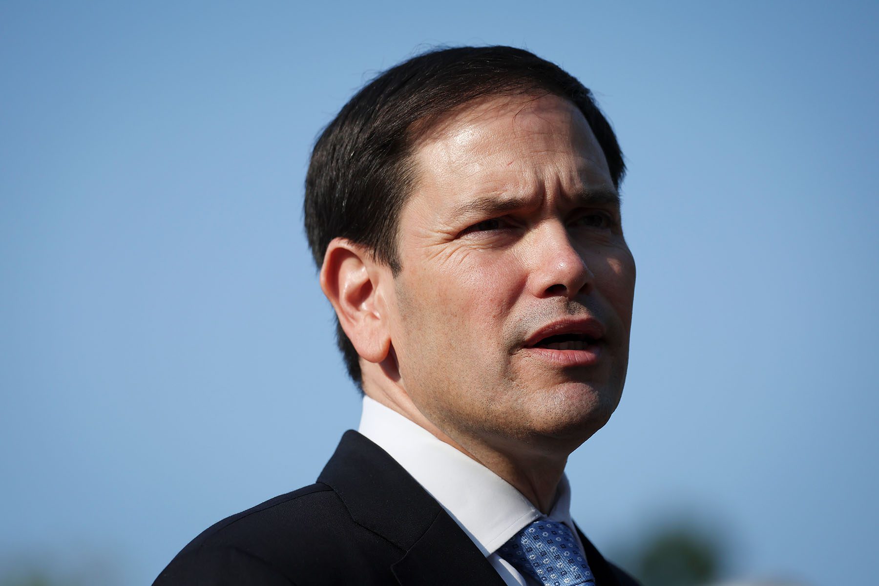 Sen. Marco Rubio speaks outside the White House during a news conference.