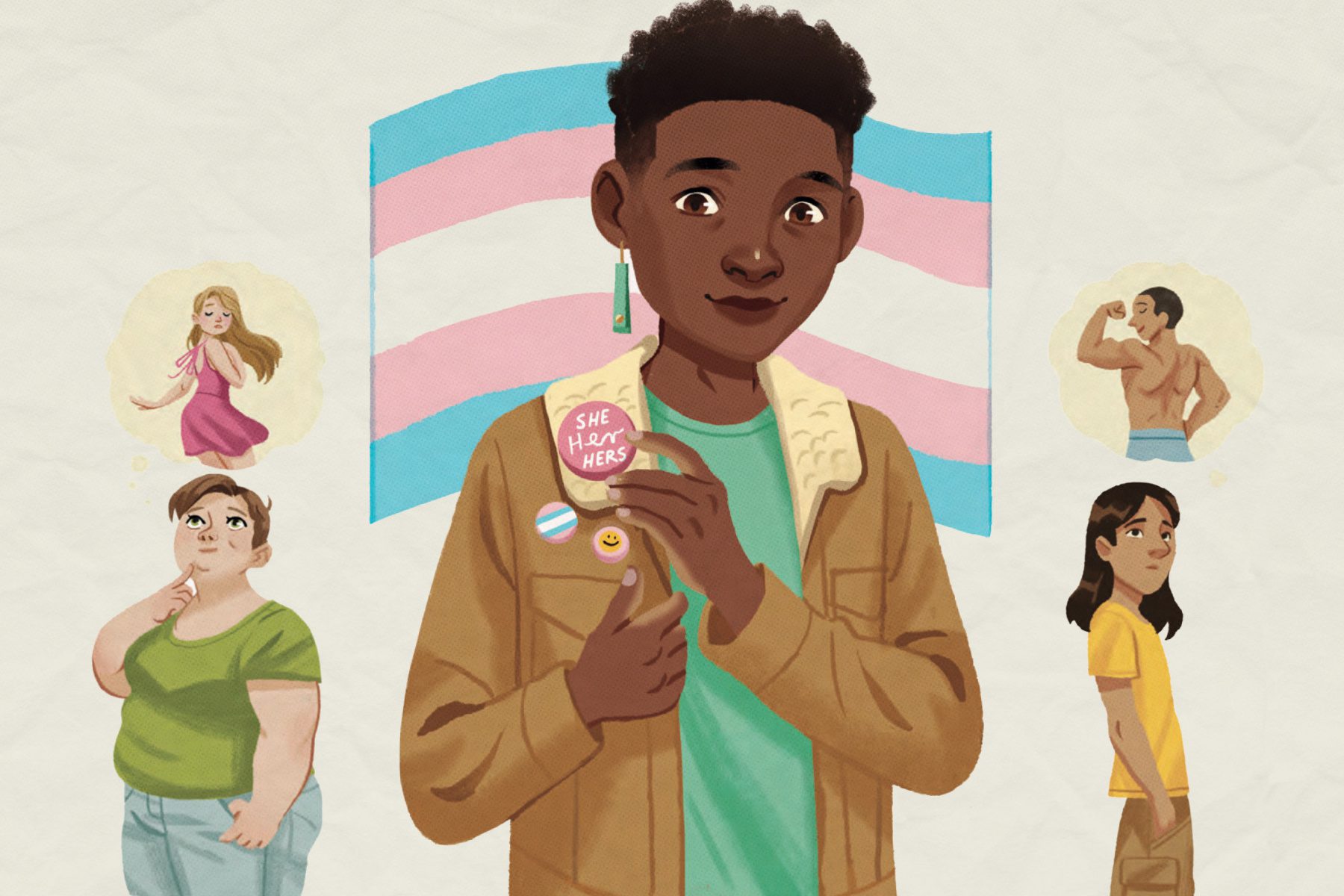Illustrations from the new American Girl the Smart Girl’s Guide book "Body Image" inluding a trans person wearing a pin with "she, her, hers" pronouns and a trans flag.