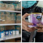 A diptych where the left image shows locked and nearly empty supermarket shelves where formula is normally stocked. The right image shows a close-up of two hands exchanging a can of formula at a food pantry.