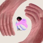 An illustration of a sad Black, trans teen sitting inside caring hands.