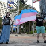 Two activists hold a flag at a rally to protect transgender kids.