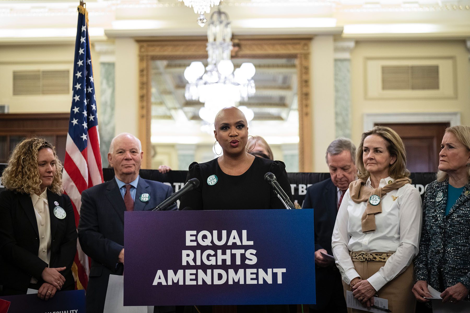 ep. Ayanna Pressley (D-MA) speaks during a news conference to announce a joint resolution to affirm the ratification of the Equal Rights Amendment on Capitol Hill.