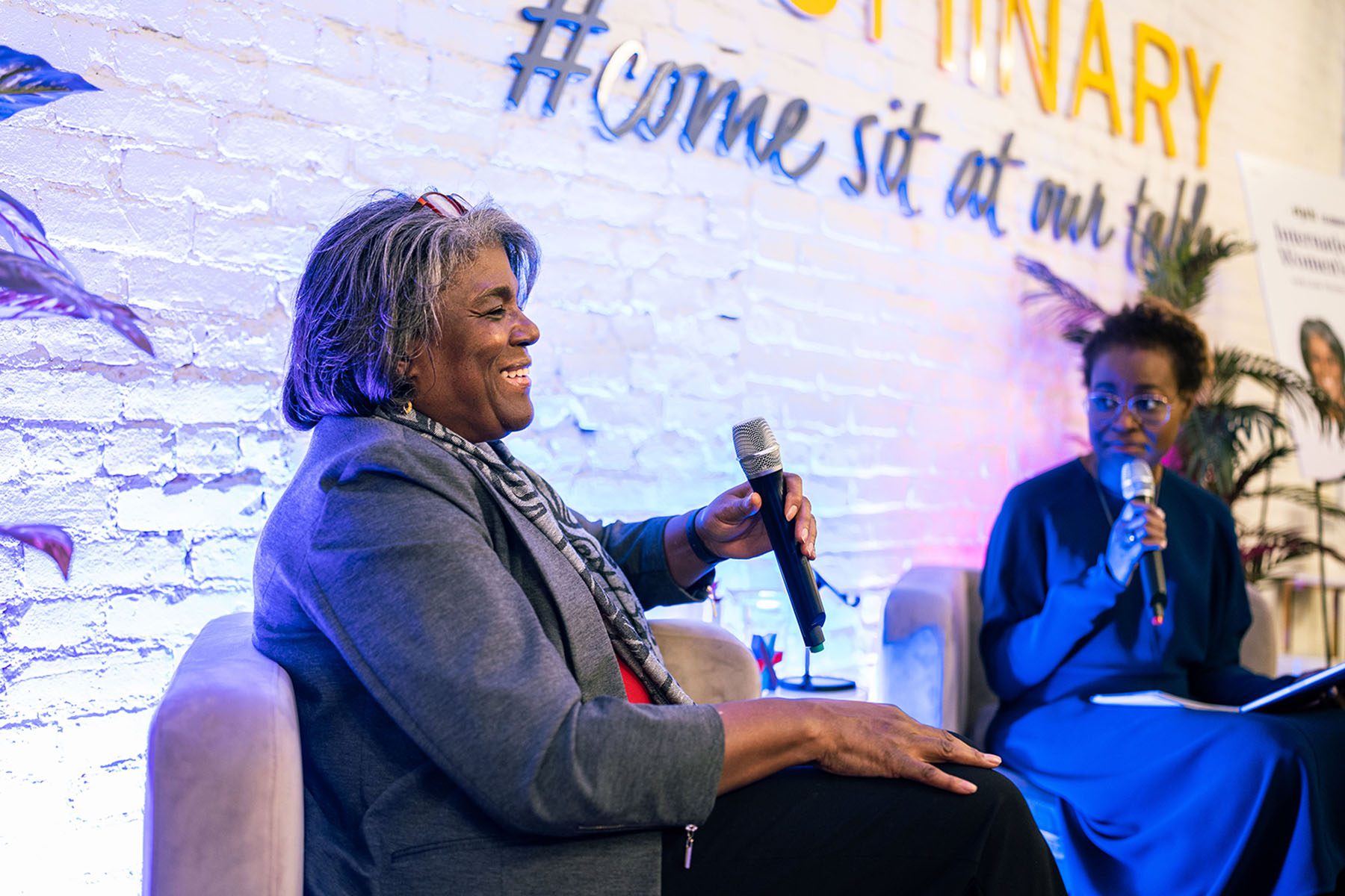 Linda Thomas-Greenfield speaks with The 19th's editor-at-large Errin Haines at "The 19th Celebrates: International Women's Day" event at The Luminary in New York City on March 7, 2023.