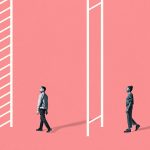 Man and woman face ladder with inequitable amount of rungs for the woman