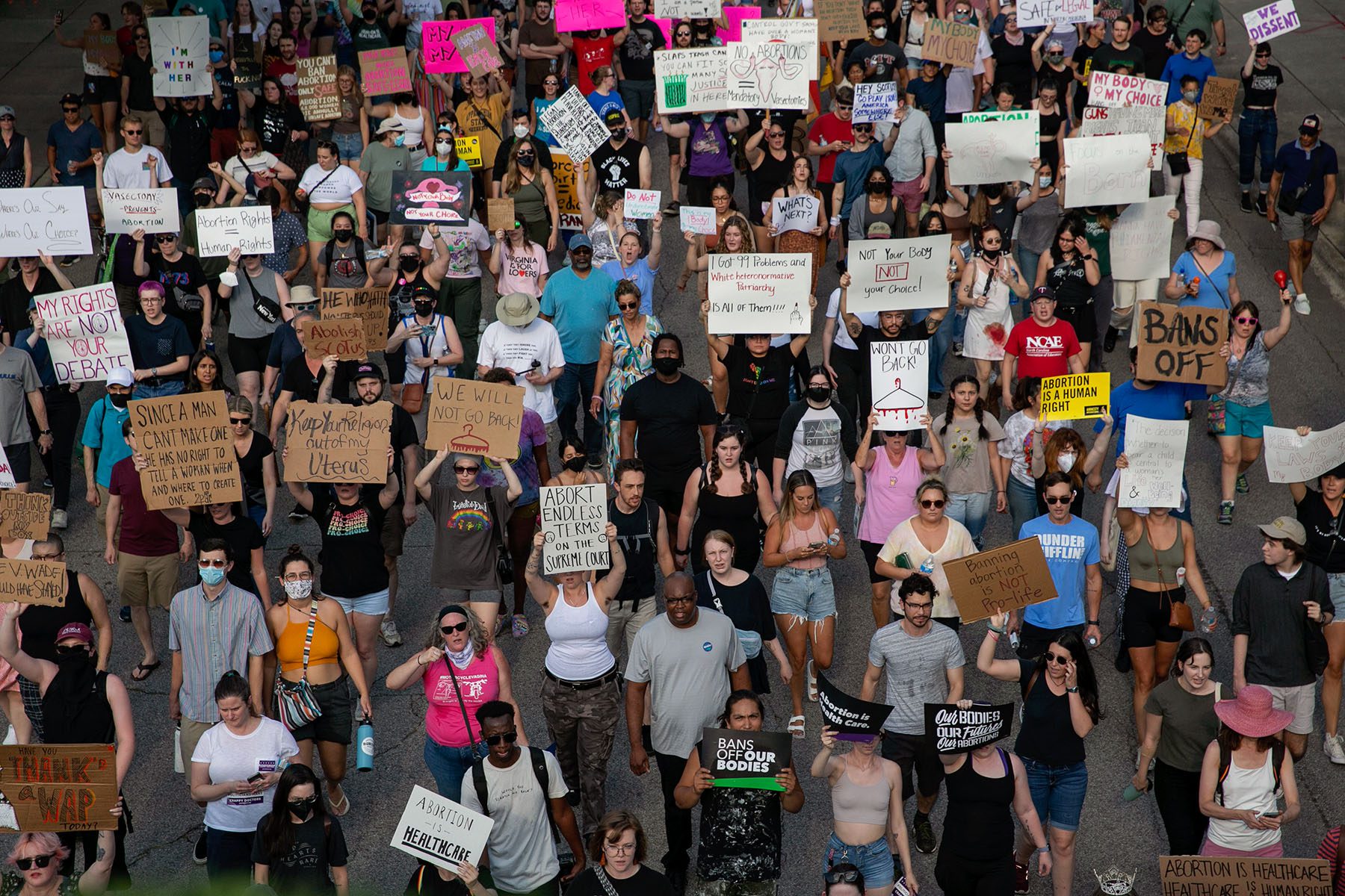 People gather to protest against the the Supreme Court's decision in the Dobbs v Jackson Women's Health case on June 24, 2022 in Raleigh, North Carolina.