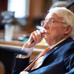 State Sen. Merv Riepe looks pensive before voting on a bill to ban abortions in Nebraska.