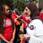 Angela-Ferrell Zabala (left) speaks to a volunteer during an event in Texas in February 2023.