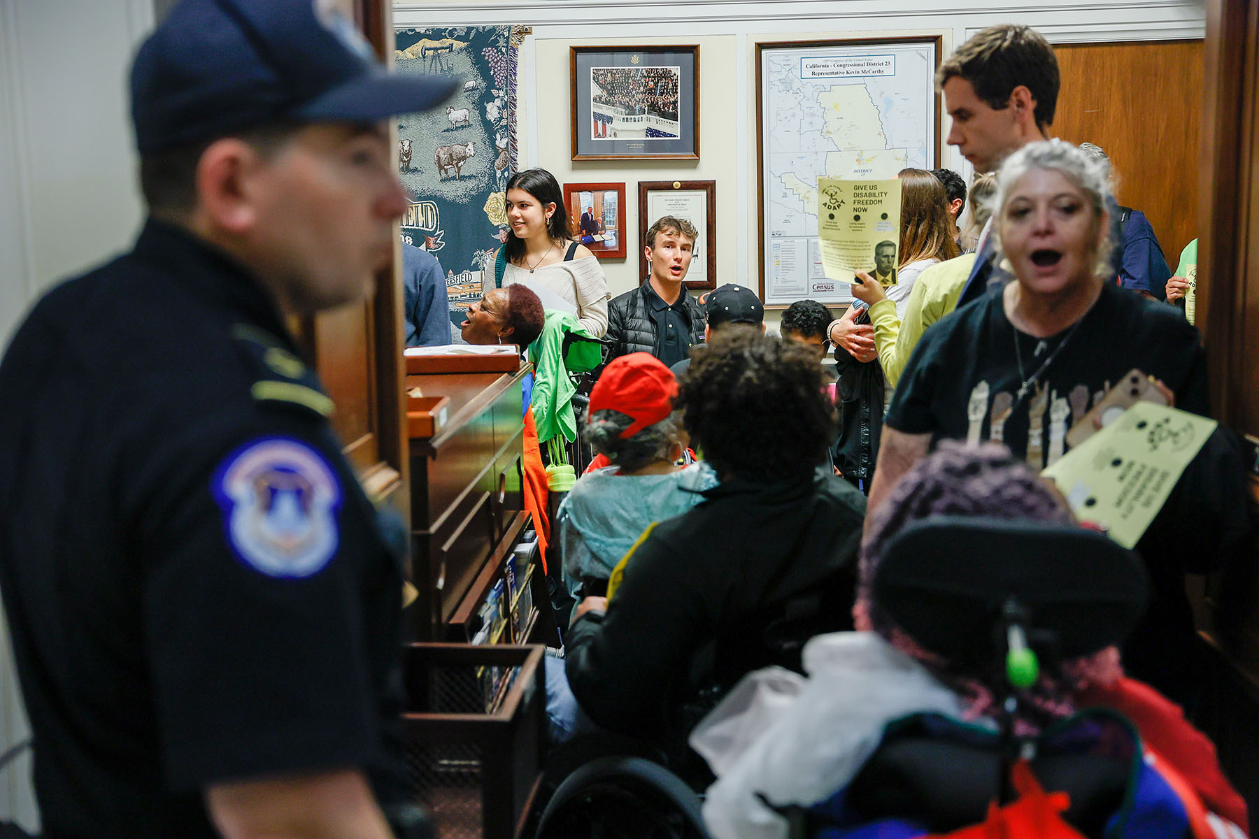 Capitol Police arrive at Speaker McCarthy's office to clear out protesters during a sit in staged by activists from ADAPT on Capitol Hill.