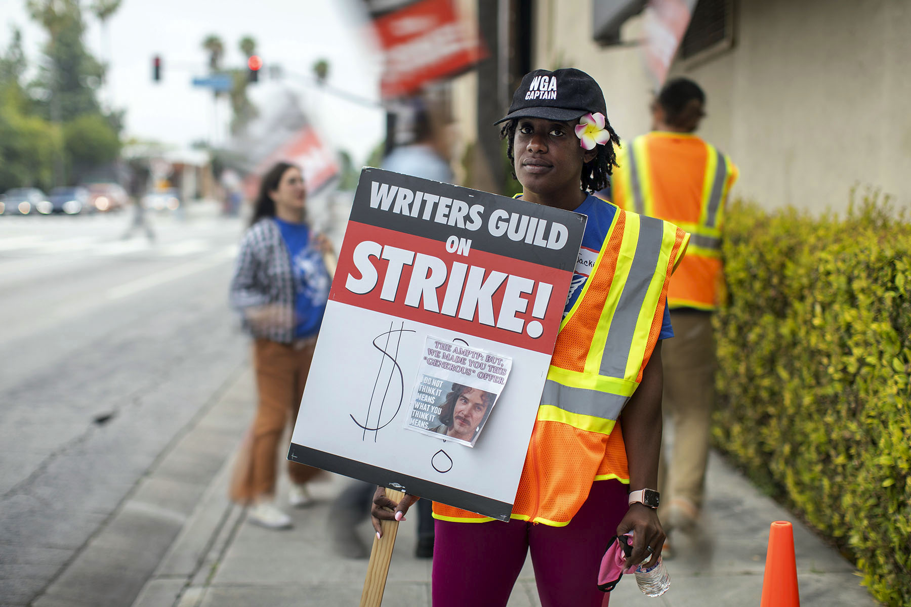 Jackie Penn works the picket line at Warner Bros. Studios in Burbank, California.