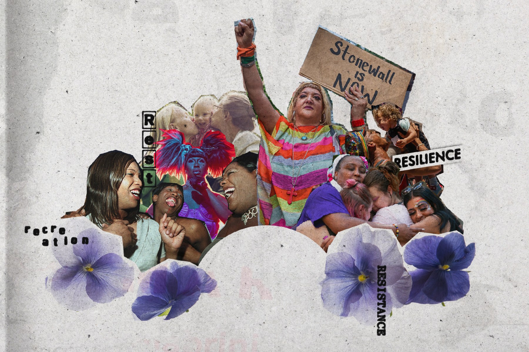 Photo collage of people hugging, dancing, celebrating pride and protesting with the words "recreation, rest, resilience and resistance" sprinkled around the images.