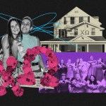 Collage of images of Fa Guzman posing with their sisters. The Chi Omega house is also collaged in the background.