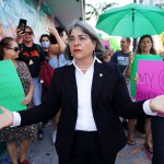 Miami-Dade Mayor Daniella Levine Cava joins with people to protest the Supreme Court's decision in the Dobbs v Jackson Women's Health case.