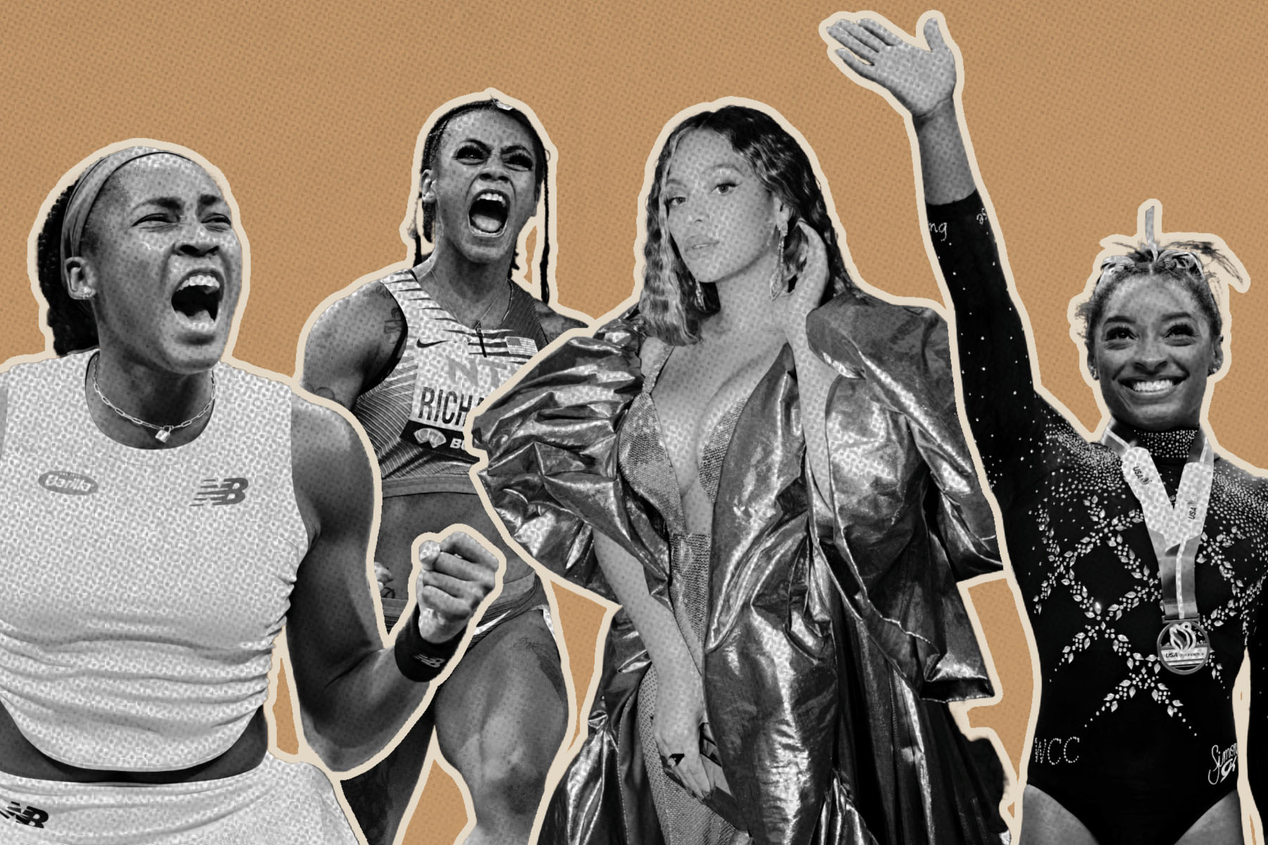 photocollage of Coco Gauff, Sha’Carri Richardson, Beyoncé and Simone Biles